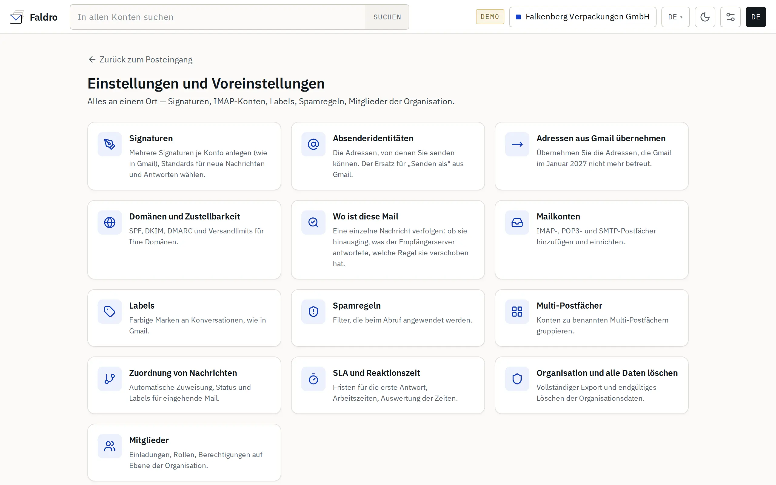 Einstellungen — Kacheln mit Organisationskonfiguration