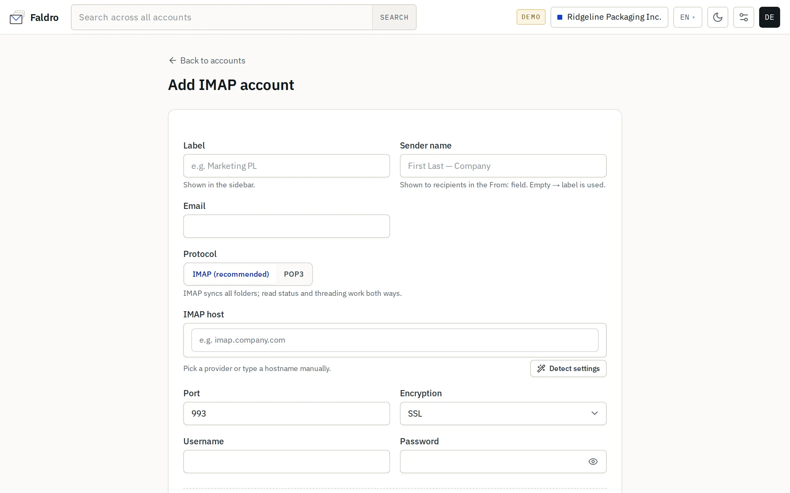 Account form after settings detection