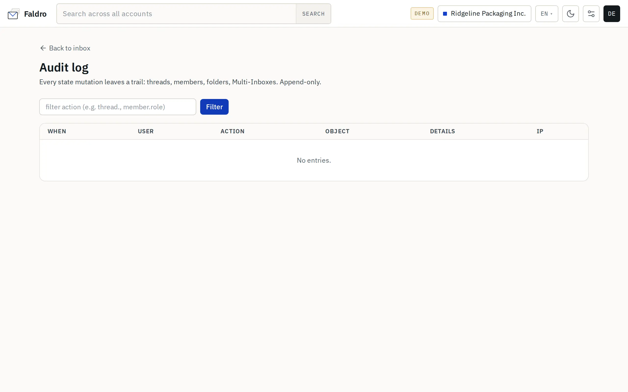 Audit log with the action filter