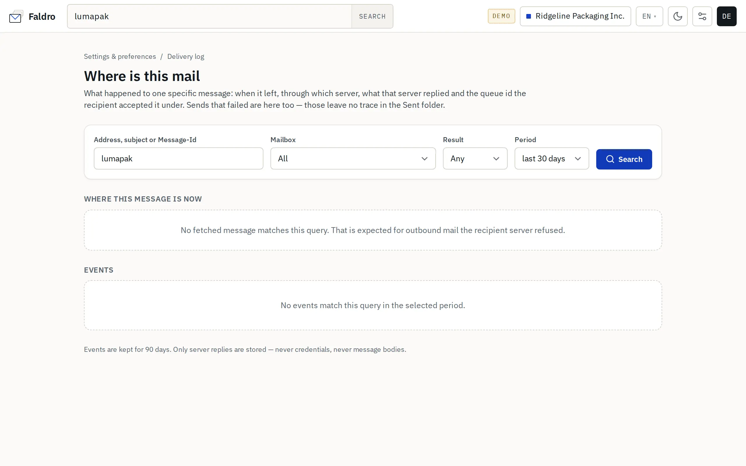 Delivery log with a search result