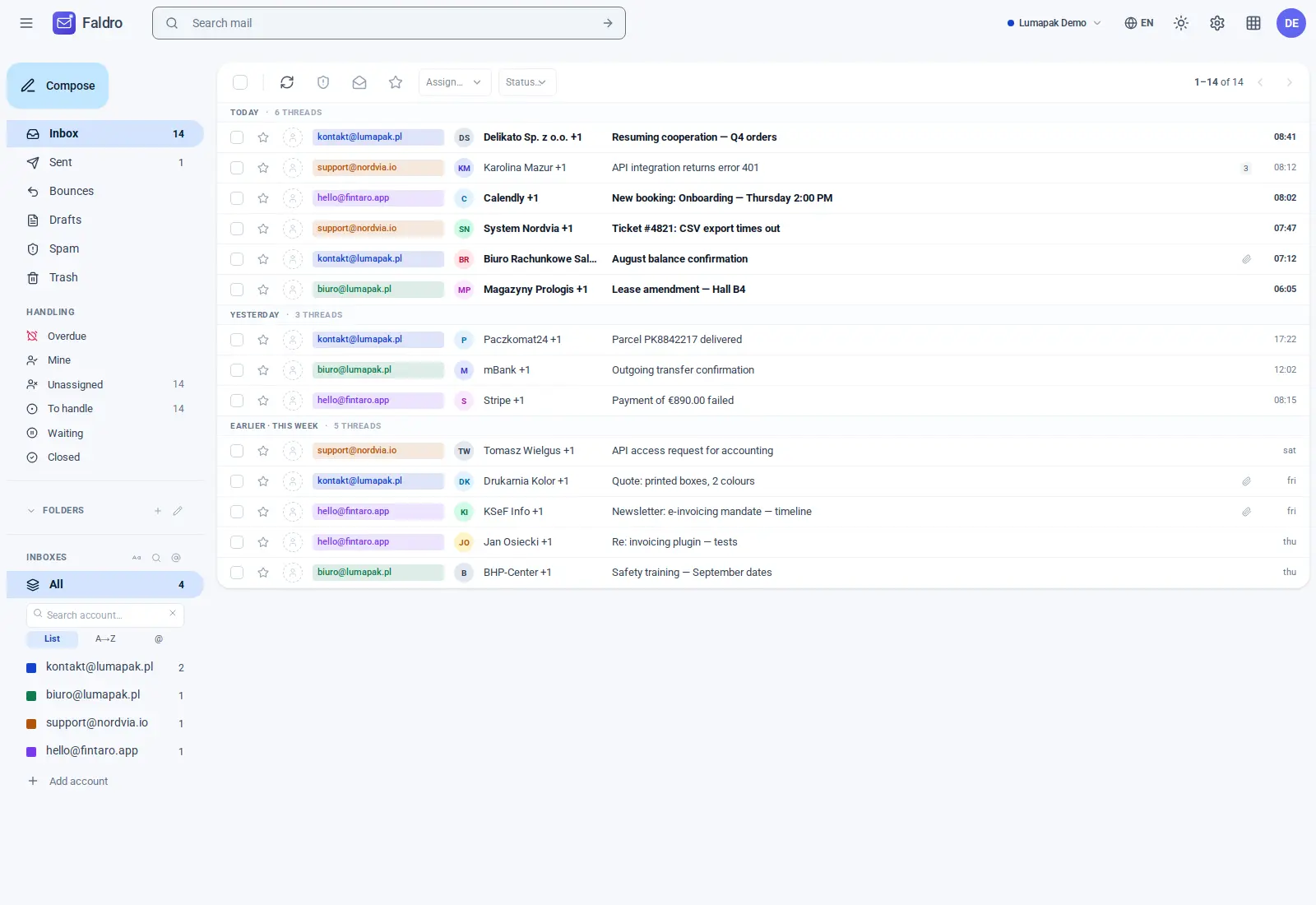 An inbox with several connected accounts in one view