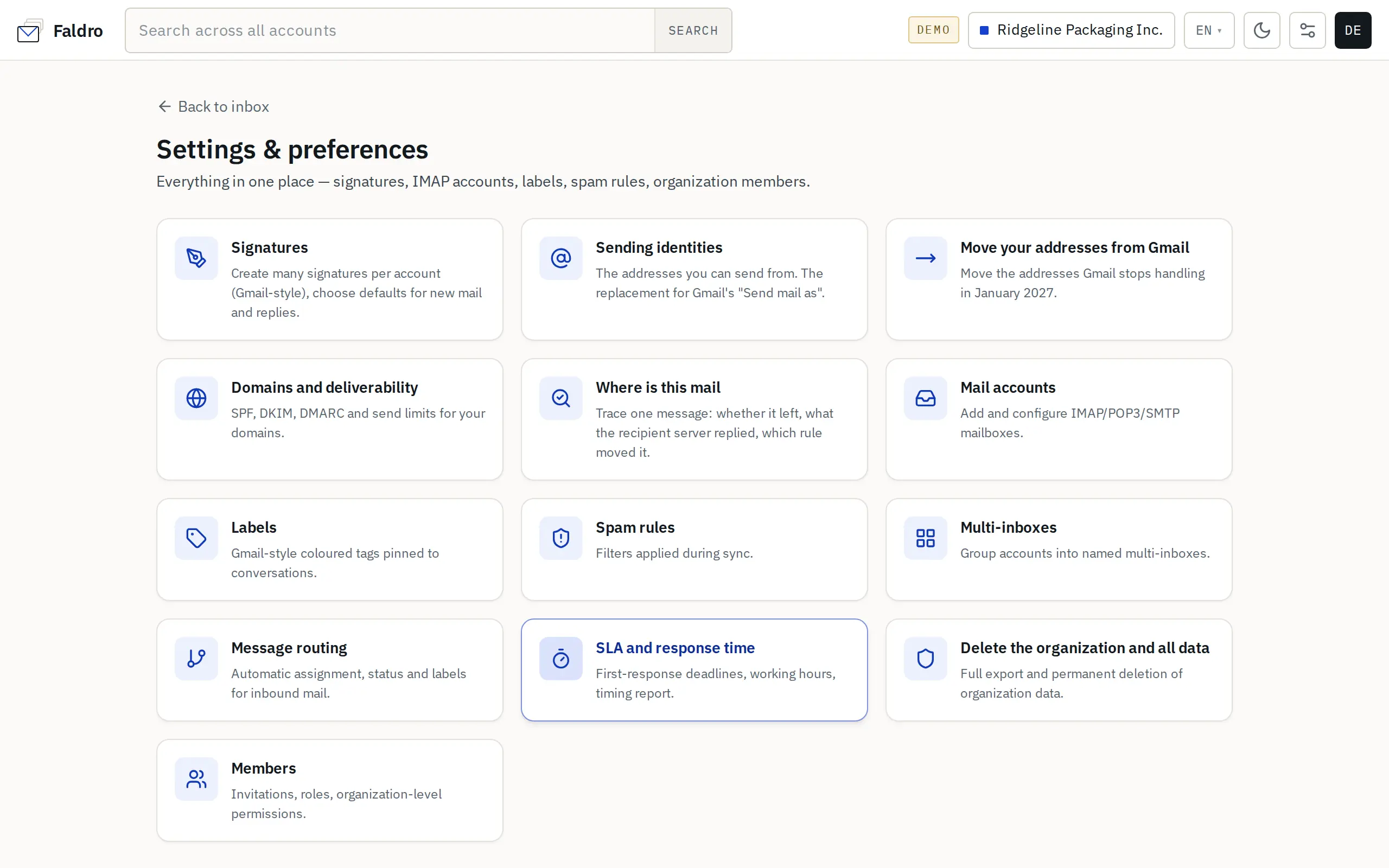 Settings — configuration tiles for the organisation