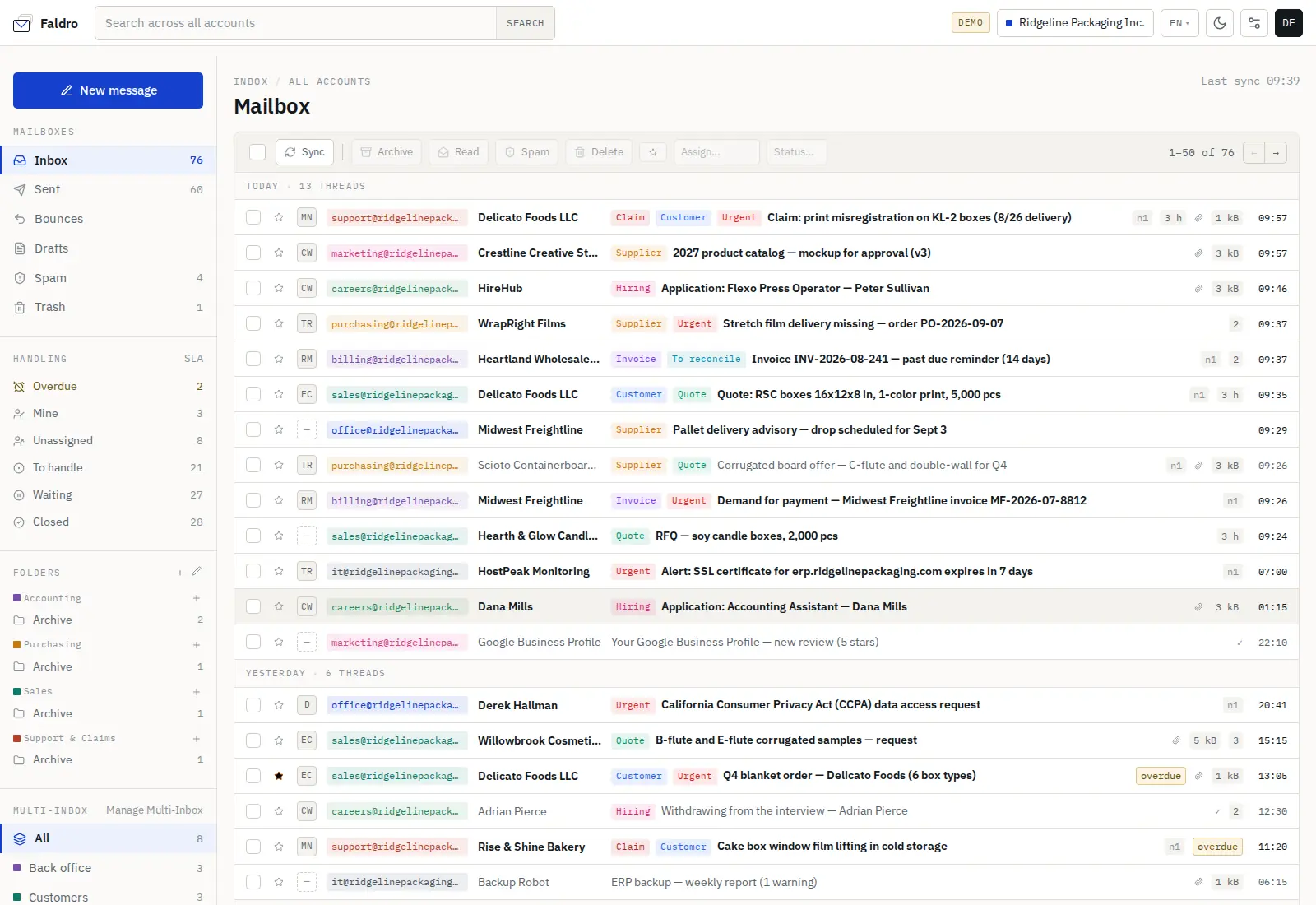 Faldro inbox — conversations from several mailboxes in one list